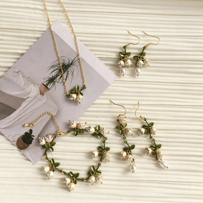 铃兰花耳环轻奢高级感气质耳钉手链项链三件套装绿色耳饰女夏天