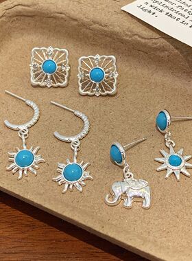 图腾蓝色复古太阳花耳钉套装女银针波西米亚八芒星民族风耳饰饰品
