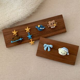 卡通可爱蓝黄小熊星星耳环女银针少女创意秋冬植绒精致毛绒耳饰