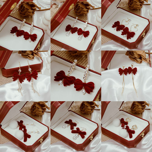 酒红色蝴蝶结法式s925银针