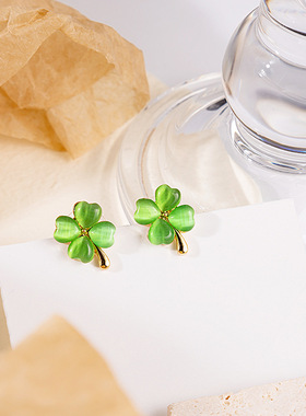 四叶花耳钉高级感轻奢小众耳耳环猫眼石s925银针小清新绿色耳饰女