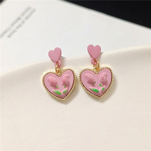 新款 花朵耳饰 甜美少女心耳环爱心2022年夏季 粉色郁金香桃心耳钉