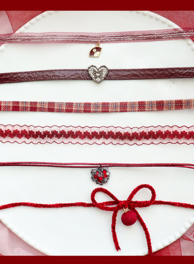 新年饰品酒红色天鹅绒带项圈锁骨链爱心十字架吊坠项链女安可拉红