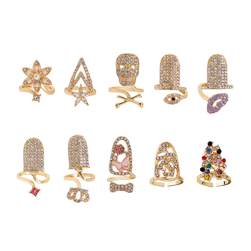 个性嘻哈美甲潮流镶钻骷髅皇冠滴油蝴蝶指甲戒 小众穿戴甲盖指环