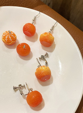 夏天橘子橙子不对称橙色水果小清新可爱个性小众甜美耳环耳夹