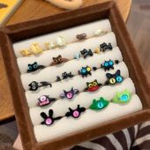 植绒卡通可爱猫咪开口戒指可调节女搞怪趣味怪兽小众设计感手饰