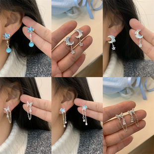 海蓝色耳环蝴蝶结女月亮海星设计感轻奢小清新耳坠长款流苏耳饰