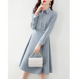 连衣裙好品质珍珠扣设计A字裙 褶皱翻领职业OL中长款 2026春季 新品