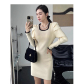 方领长袖 针织连衣裙女装 秋冬季 法式 收腰小个子短款 气质显瘦裙子
