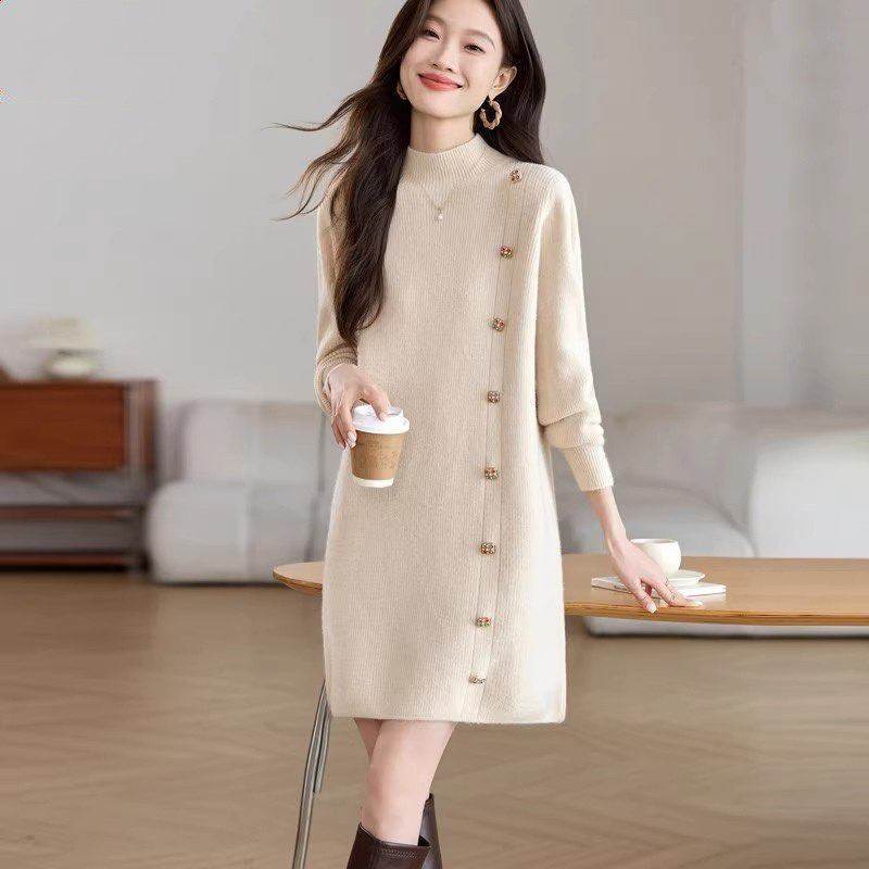 韩国高端气质半高领针织羊毛裙女秋冬洋气减龄中长款遮屁股毛衣裙,女装/女士精品,毛针织衫,淘宝优惠券,粉丝福利购,淘宝优惠卷
