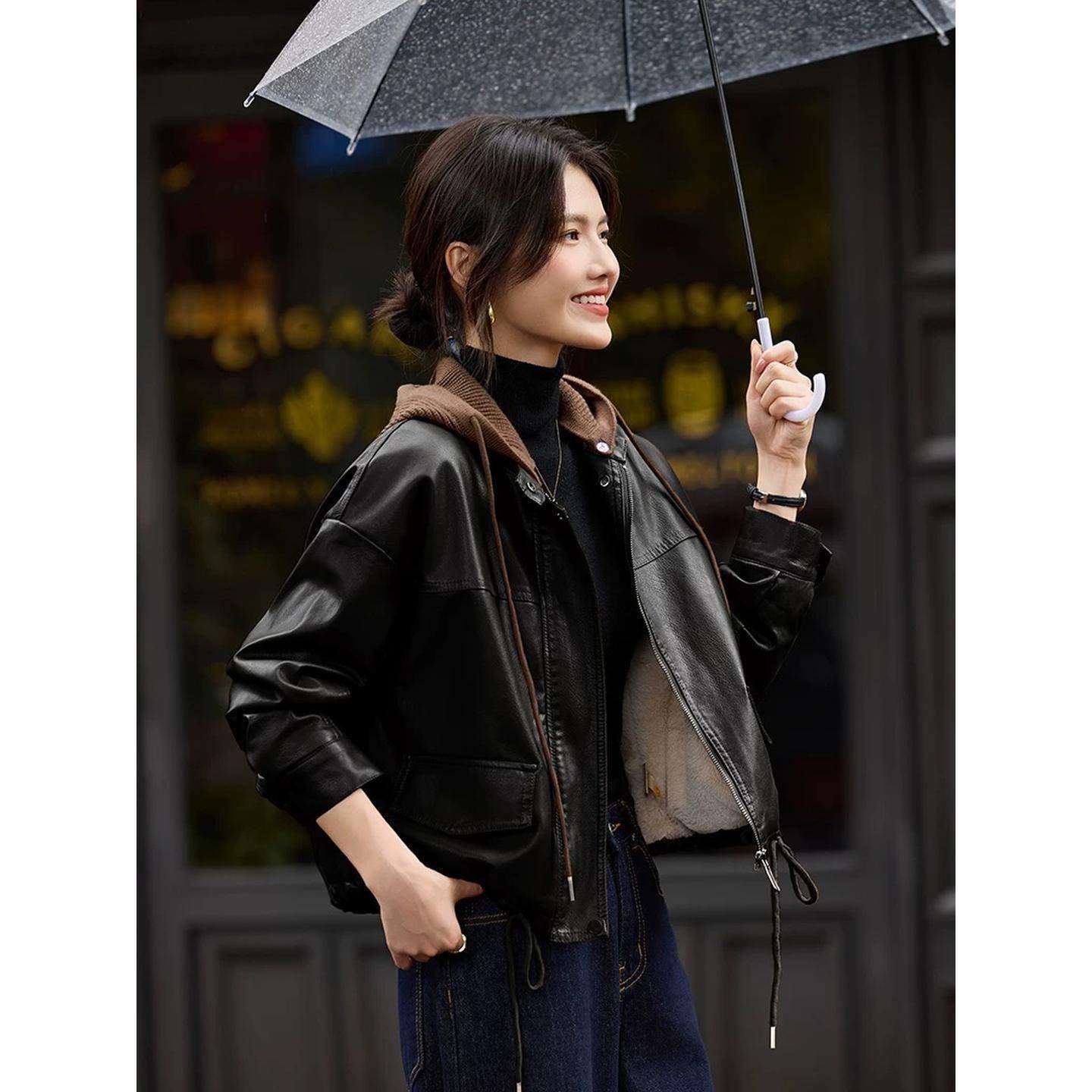 实体店同款加绒短款皮衣外套女酷飒风可拆卸针织帽复古机车皮夹克,女装/女士精品,皮衣,淘宝优惠券,粉丝福利购,淘宝优惠卷