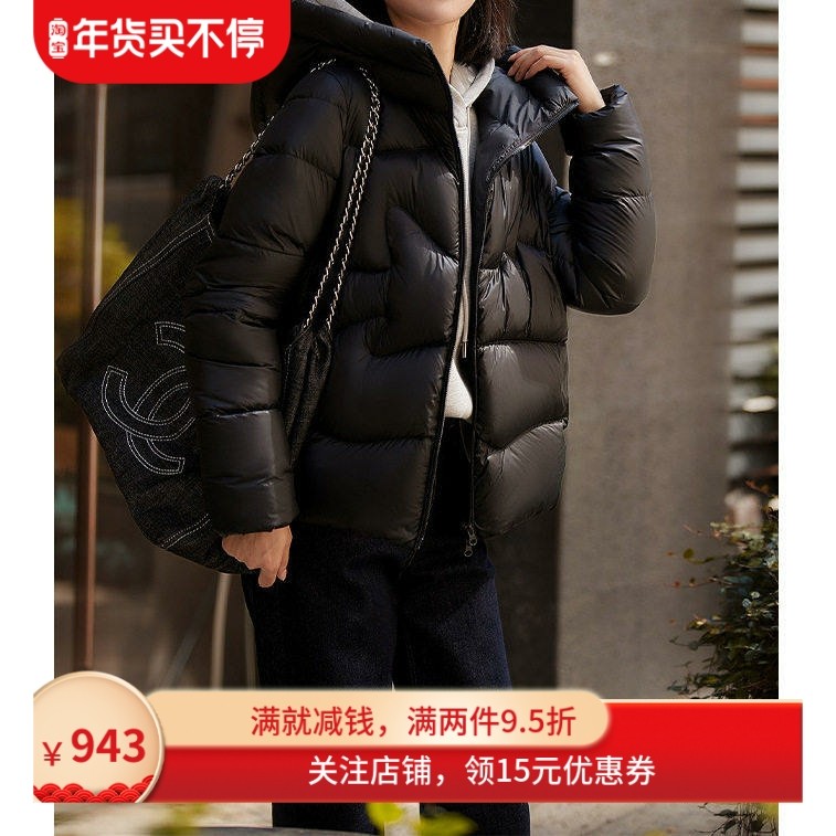 三防95白鹅绒连帽羽绒服女款高端女装短款平湖黑色2025冬季鹅绒服