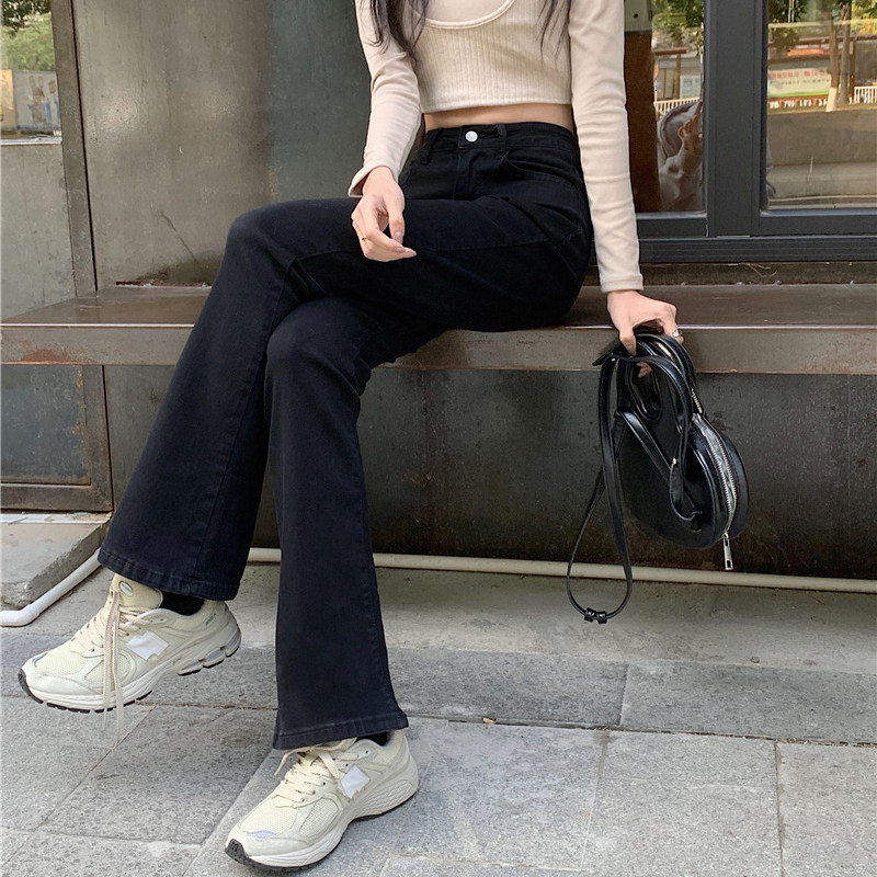 大码胖妹妹高腰显瘦梨形身材喇叭裤微胖腿粗穿搭黑色微喇牛仔裤女