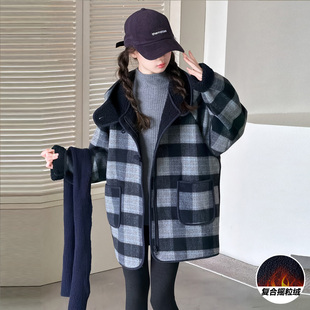 女童加绒毛呢外套秋冬款2026新款小女孩儿童子格子加厚呢大衣冬装