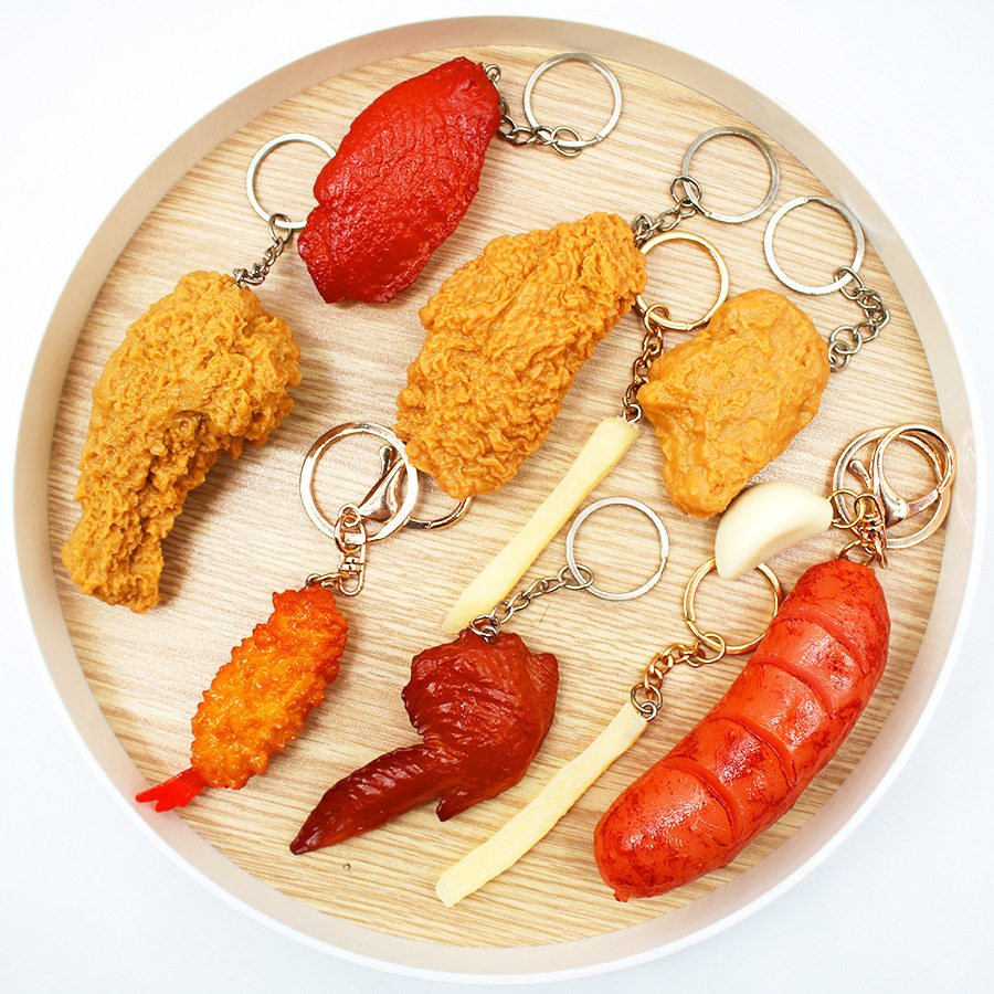 仿真食物炸鸡块 薯条 热狗 鸡翅 炸龙虾 蒜头 香肠钥匙扣搞怪挂件