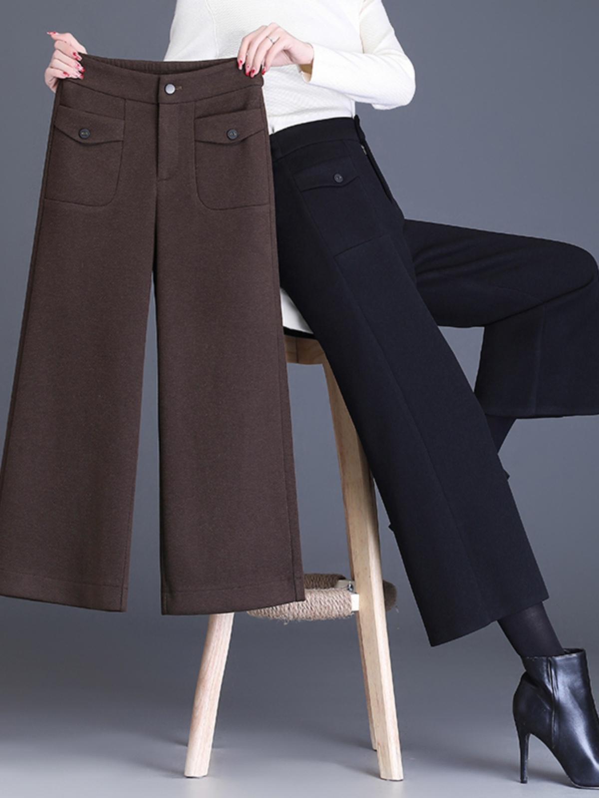 新款羊绒八分毛呢直筒裤女秋冬高腰显瘦百搭小个子显高阔腿靴裤子