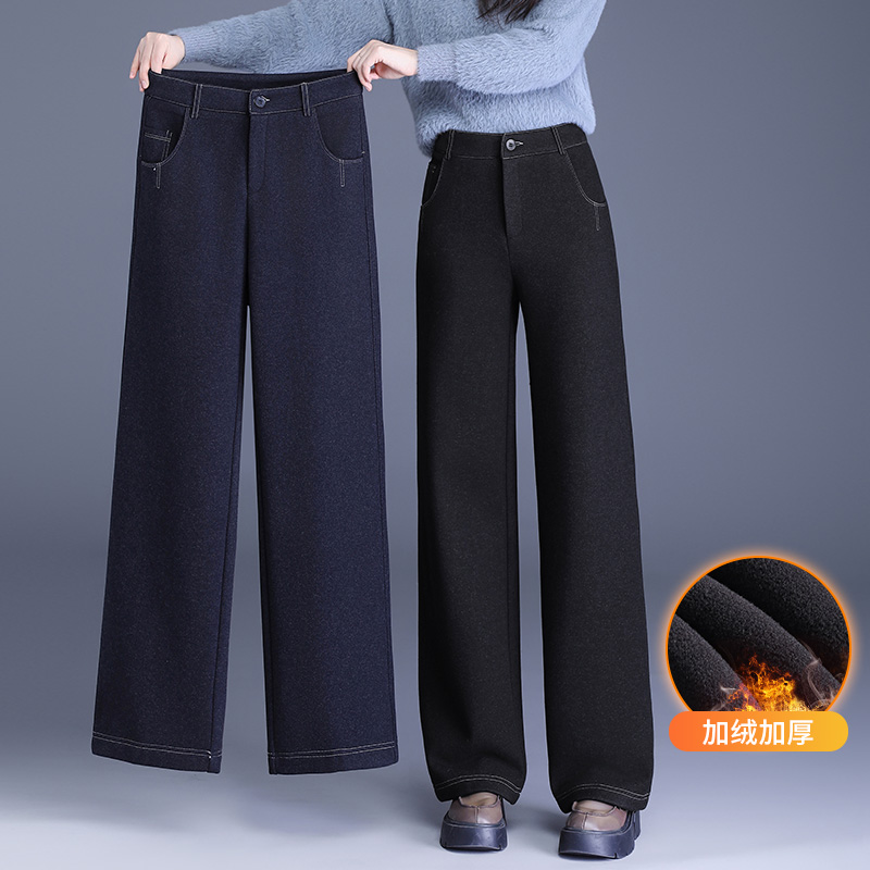 软牛仔复古加绒阔腿牛仔裤女2025新款冬季加厚宽松保暖窄版直筒裤