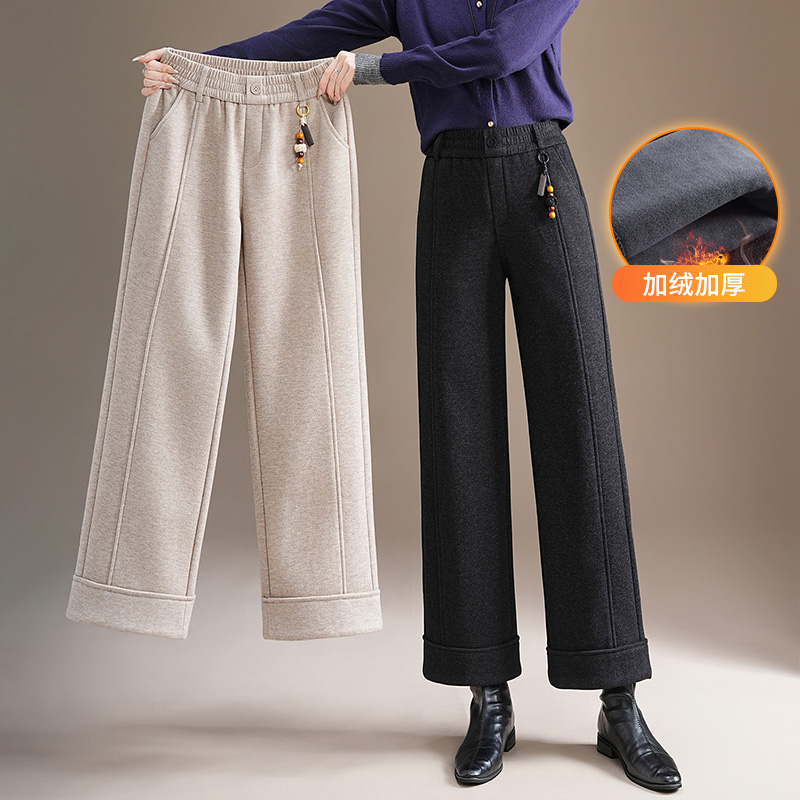 加绒加厚九分羊毛呢阔腿裤女秋冬季新款高腰垂感小个子休闲直筒裤