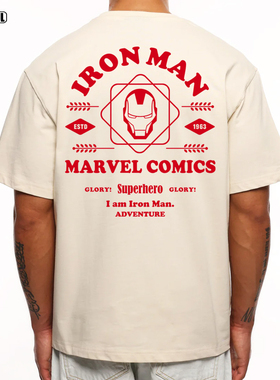 钢铁侠 T恤IRONMAN美漫插画美式复古潮牌休闲重磅宽松纯棉短袖T