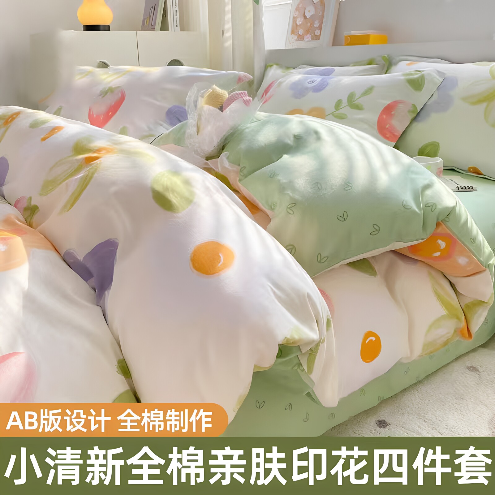 小清新纯棉床上四件套全棉100床单被套被罩春夏床品床笠款三件套4图片