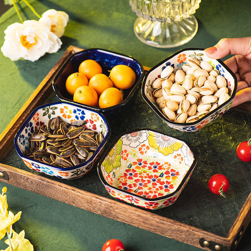 波兰彩方形碟子手绘釉下彩坚果碟小吃碟陶瓷盘子小碟子餐具创意MM