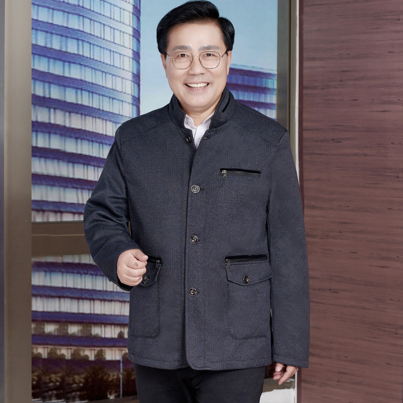 春秋老爸爸装加绒夹克中老年男装外套老人上衣服装70-80岁爷爷装