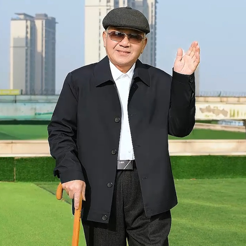 爸爸春夏秋纽扣薄款外套中老年老爷压胶领夹克男干部装口袋夹克衫