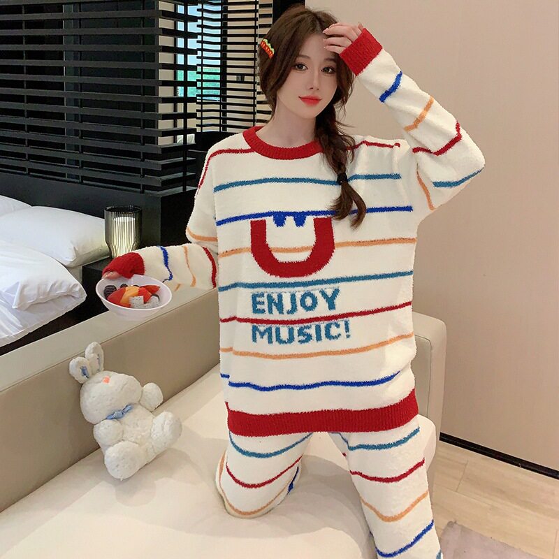 半边绒睡衣女秋冬季加厚保暖针织长袖毛线绒彩色条纹家居服可外穿