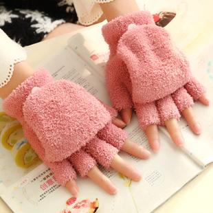 冬季韩国男女可爱多功能半指翻盖保暖手套珊瑚绒翻盖半指键盘特价