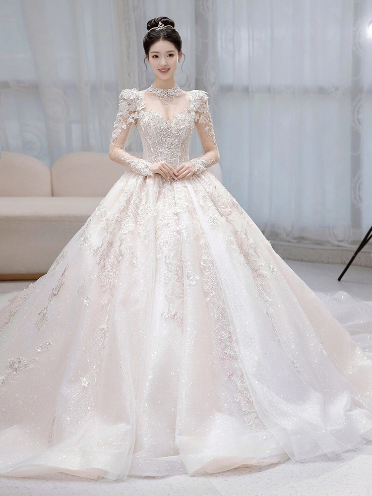 Long -sleeved wedding bride 2024 new main yarn heavy workers luxury court style small sub -large size French high -level texture Long -sleeved wedding bride 2024 new main yarn heavy workers luxury court style small sub -large size French high -level texture