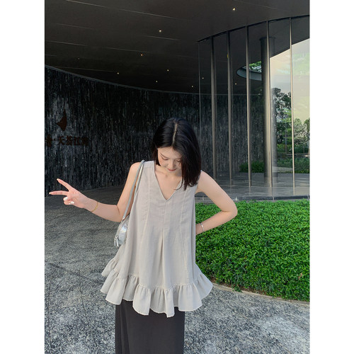 甜辣多多 荷叶边V领显瘦吊带背心女夏季宽松高级感无袖上衣Z3883