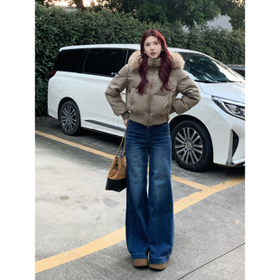 甜辣多多【柏林蓝】2025冬季裤子女超高腰加绒窄版直筒阔腿牛仔裤