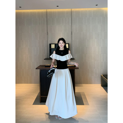 甜辣多多 黑白撞色连衣裙女2026年夏荷叶边拼接无袖连衣长裙J2799