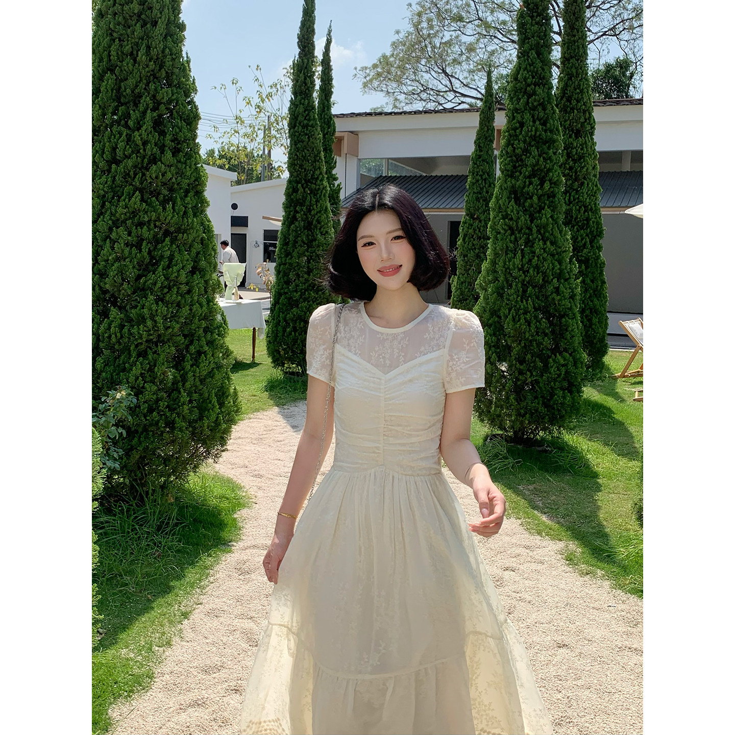 甜辣多多 超仙提花打揽褶皱收腰显瘦连衣裙法式度假风长裙女Z3706