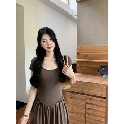甜辣多多 莫代尔连衣裙2026年拼接收腰修身显瘦短袖连衣长裙S2745