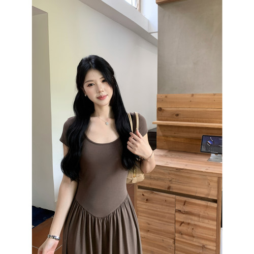 甜辣多多 莫代尔连衣裙2026年拼接收腰修身显瘦短袖连衣长裙S2745