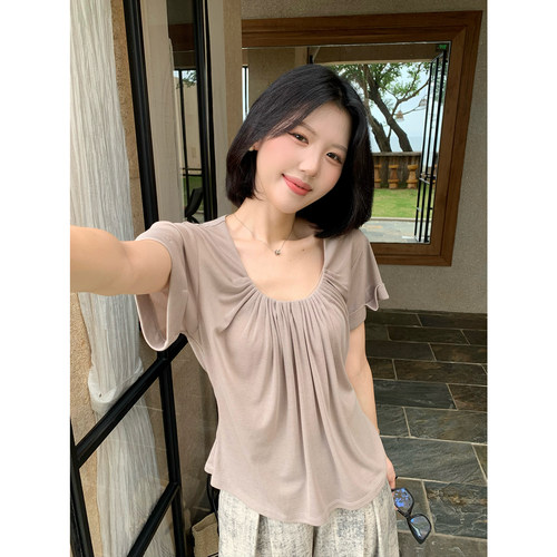 甜辣多多 U领褶皱短袖T恤女夏季韩系百搭宽松显瘦休闲上衣Z3810