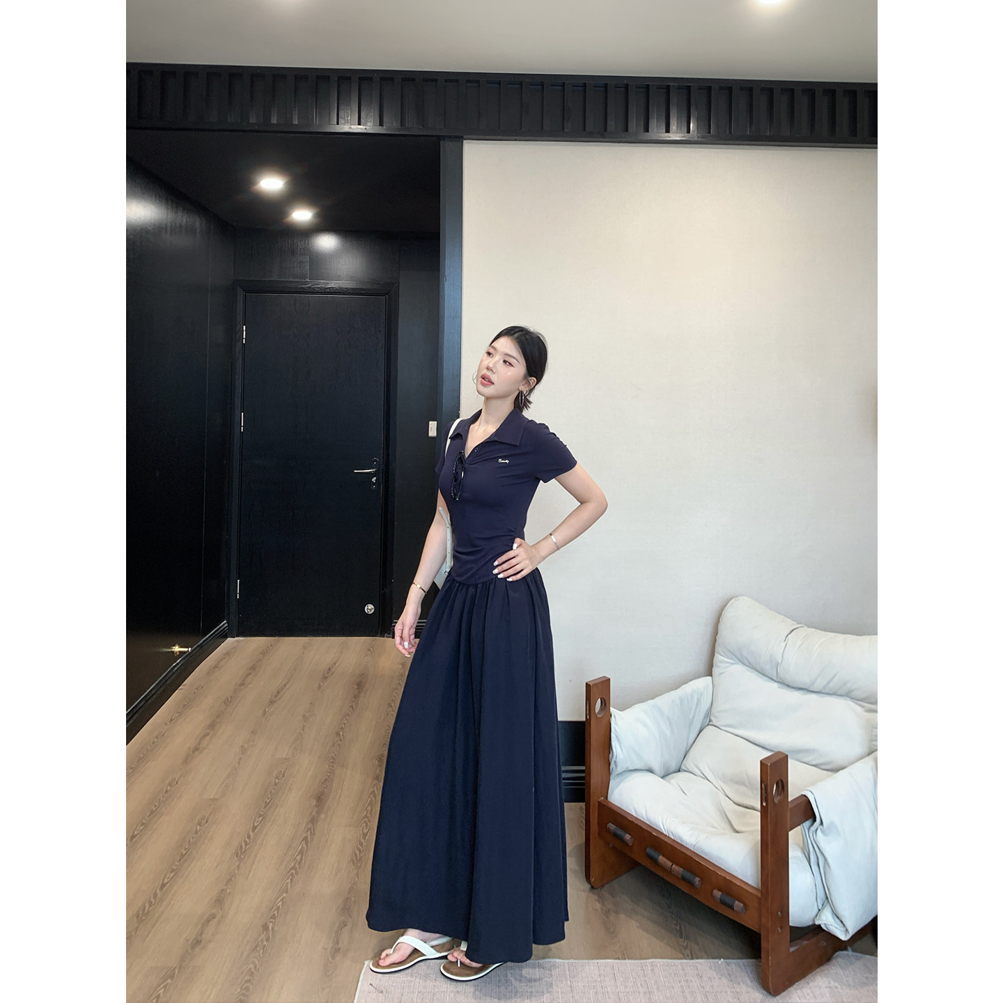 甜辣多多休闲慵懒拼接连衣裙女夏薄款短袖长裙A字设计感裙子S2746