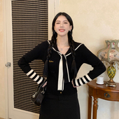 甜辣多多 毛衣蝴蝶结绑带上衣 女春秋长袖 等你下课 海军领针织衫