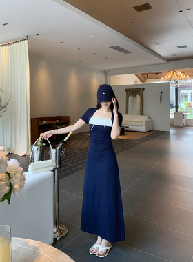 甜辣多多 波点撞色拼接连衣裙女2026夏方领收腰短袖连衣长裙S2780
