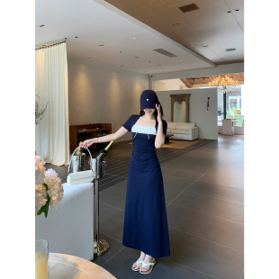 甜辣多多 波点撞色拼接连衣裙女2026夏方领收腰短袖连衣长裙S2780