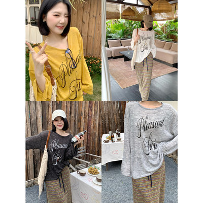 甜辣多多 龟裂纹字母宽袖印花长袖T恤春夏新品显瘦上衣女W9851
