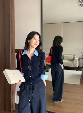甜辣多多 绞花假两件衬衫领针织衫女装2026秋老钱毛衣开衫女W9958