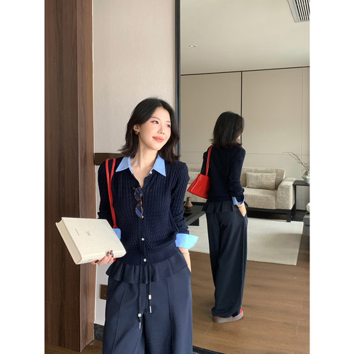 甜辣多多 绞花假两件衬衫领针织衫女装2026秋老钱毛衣开衫女W9958
