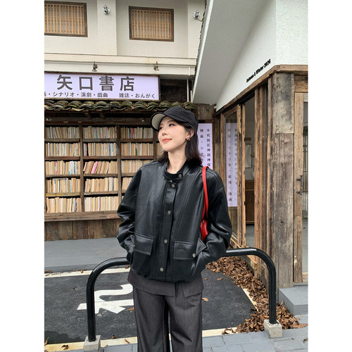 甜辣多多 复古立领皮衣外套2026秋百搭机车风高级感夹克上衣J2886