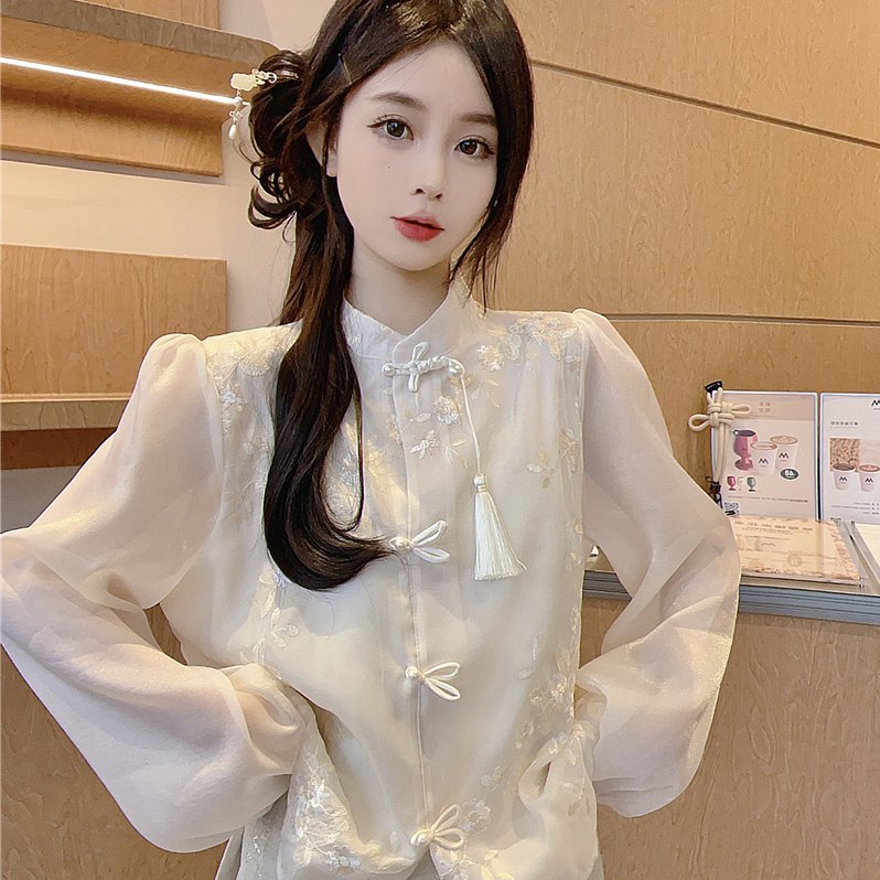 实拍大码新中式国风宽松显瘦小清新盘扣流苏衬衫上衣女