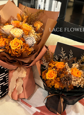 橙色系干花复古高级感真花永生花大花束橘色手捧花万圣节拍照礼物