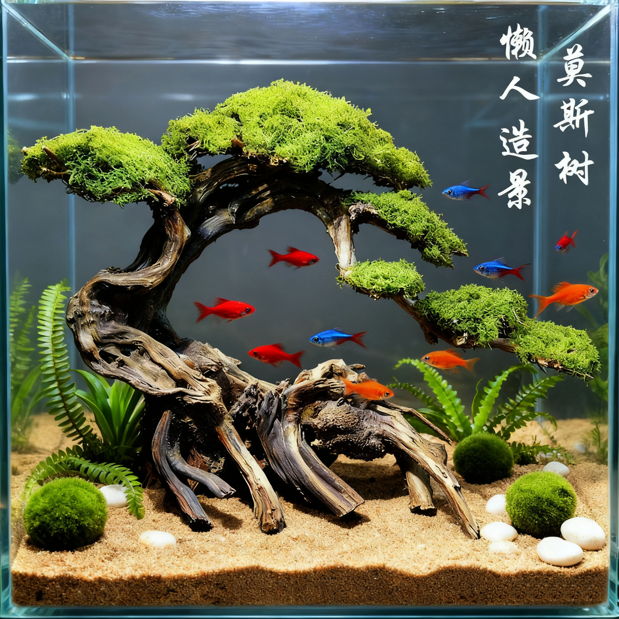 莫斯树造景懒人鱼缸造景鱼缸生命之树水草沉木杜鹃根入缸一木成景