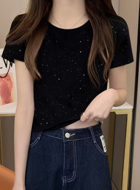亮片圆领正肩黑色短袖t恤女2026新款设计感修身显瘦短款卡腰上衣