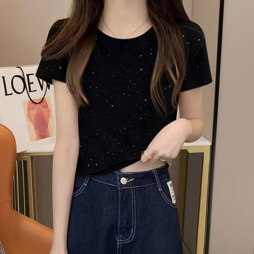 亮片圆领正肩黑色短袖t恤女2026新款设计感修身显瘦短款卡腰上衣